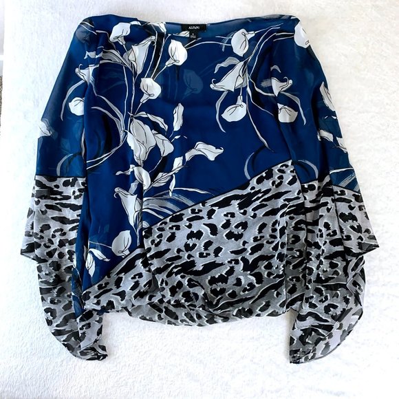 Alfani Blue Botanical Print Pullover Flowy Blouse - Picture 1 of 7